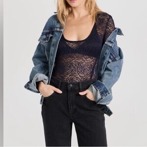Free People In My Head Sheer Long Sleeve Lace Thong Back Bodysuit size small